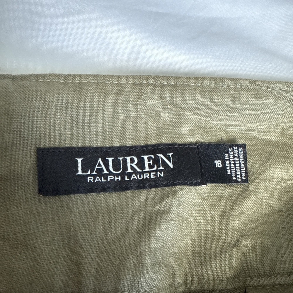 Ralph Lauren 100% Linen Pants Women's Size 16 Green Cargo Pocket Buckle Pleat - Picture 4 of 7